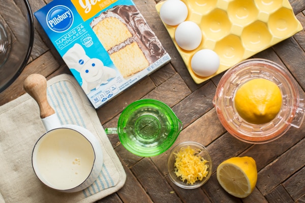 Yellow cake mix, eggs, water, melted butter, lemon zest and lemon juice.