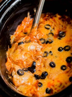 Cooked chicken enhilada casserole in the slow cooker with metal spoon in it. Olives on top.