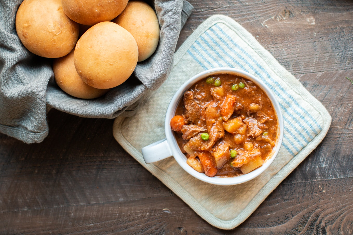 One bowl beef stew on potholder