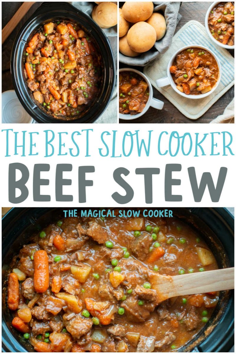 3 photo collage of slow cooker beef stew, image for pinterest