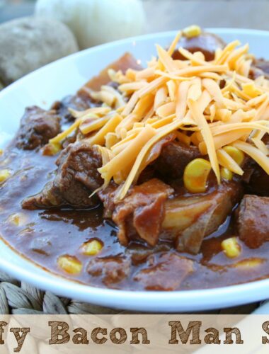 Beefy Bacon Man Stew in white bowl