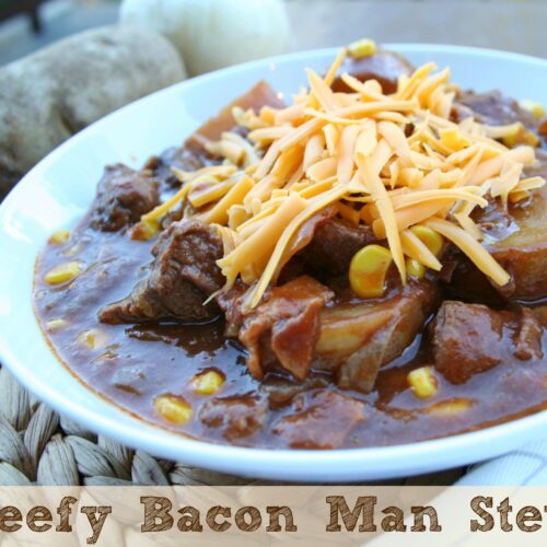 Beefy Bacon Man Stew in white bowl