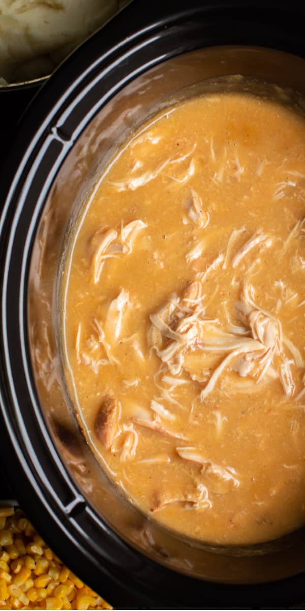close up of chicken and gravy in slow cooker