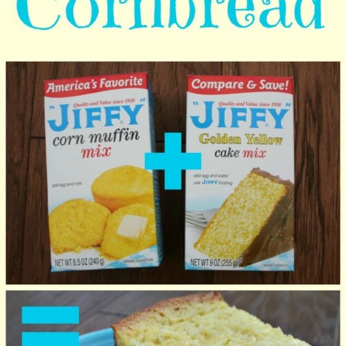 jiffy corn bread mix, yellow cake mix and piece of cornbread on plate