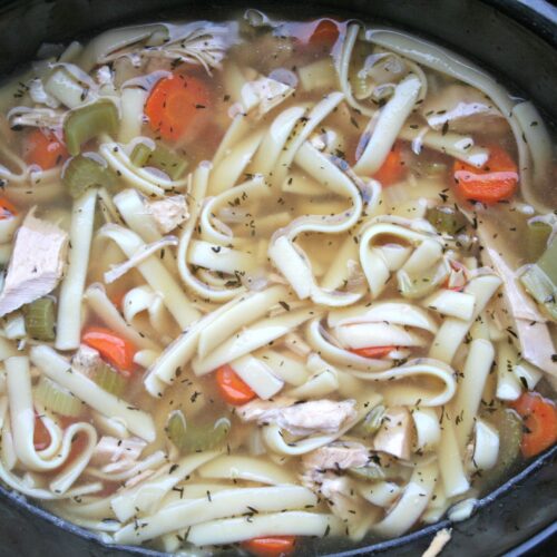 Horizontal photo of turkey noodle soup in slow cooker