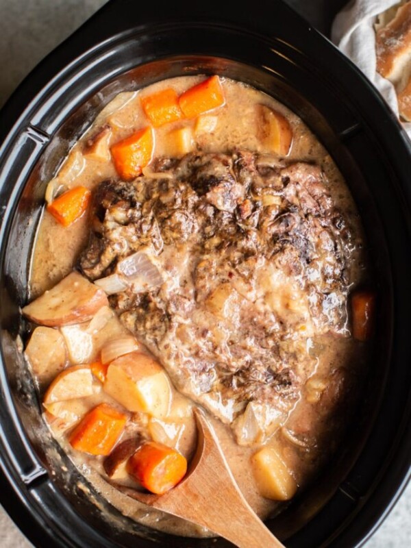 cooked pot roast with potatoes and carrots.