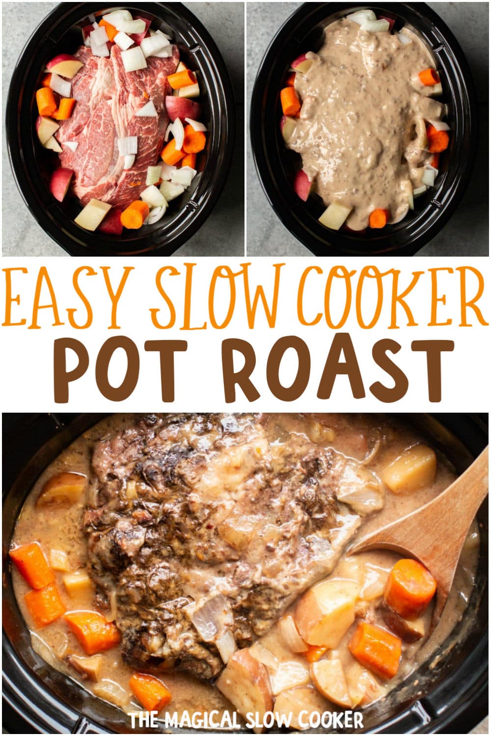 collage of photos of pot roasti n a slow cooker. Text overlay that says: Easy Slow Cooker Pot Roast.