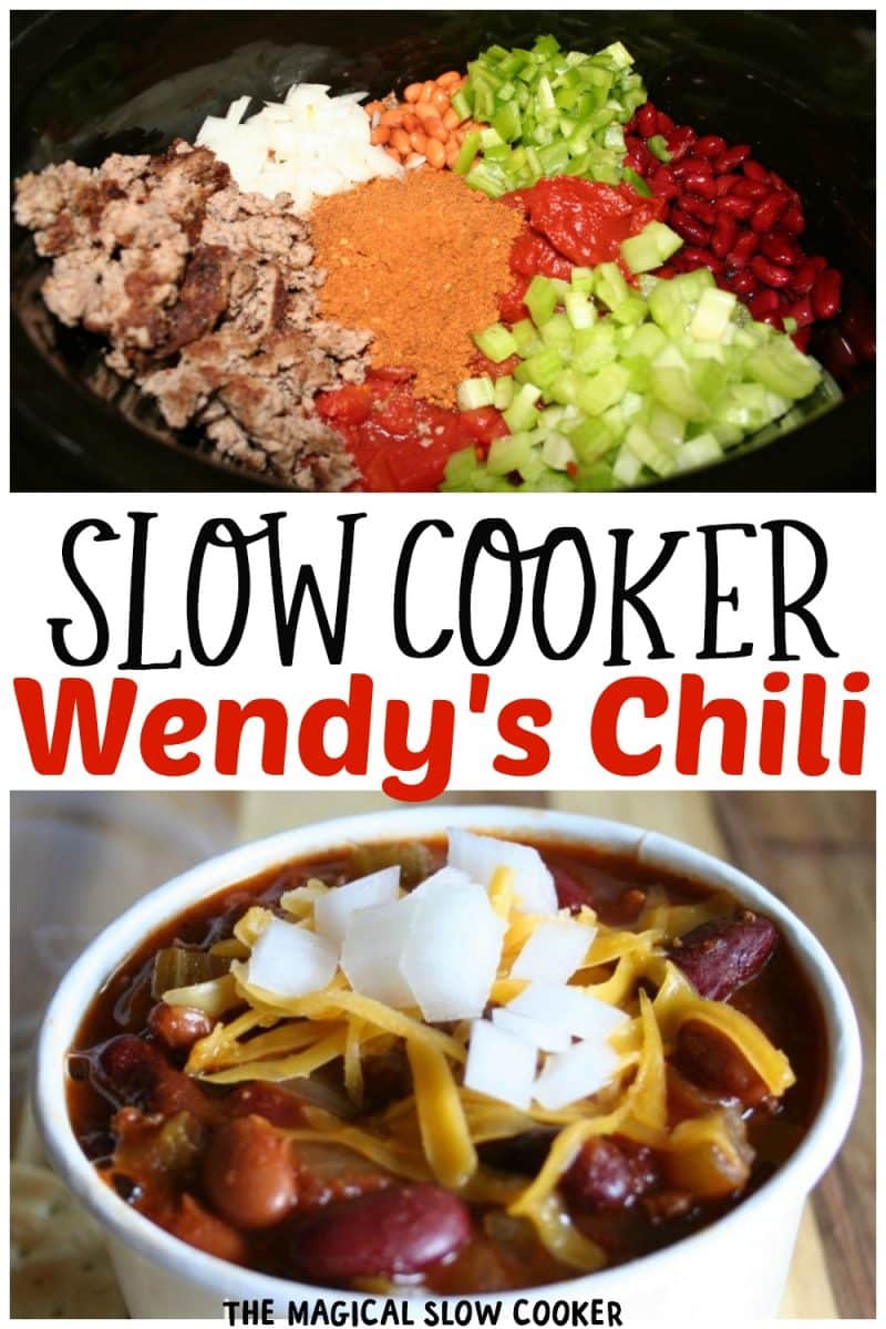 2 image collage about wendy's chili for pinterest