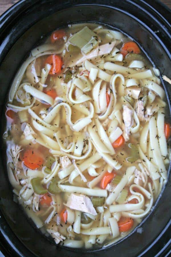 Turkey noodle soup in slow cooker all done cooking.