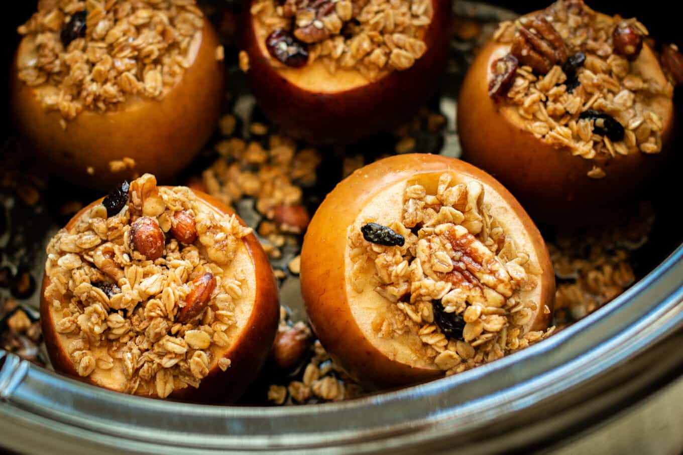 Close up image of baked apples in crockpot