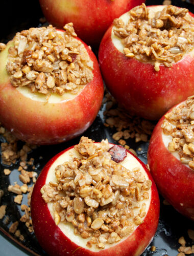 close up of baked apples in the slow cooker