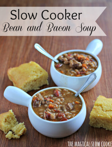 2 bowls of bean and bacon soup with corn bead on side