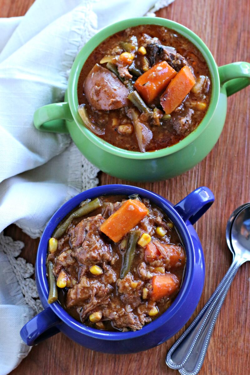 2 bowls of farmers market beef stew in bowls