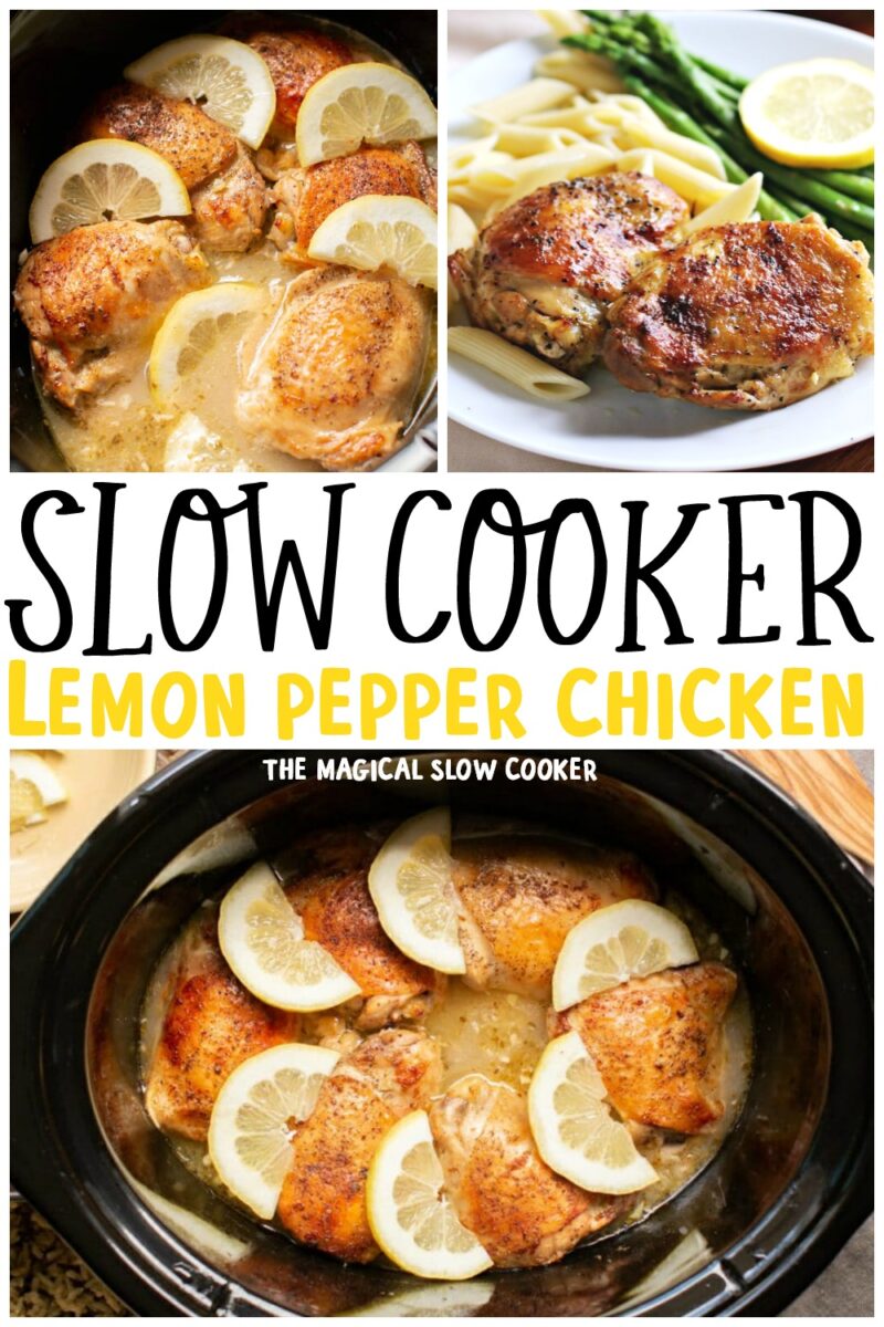 collage of lemon pepper chicken thighs with text overlay for pinterest