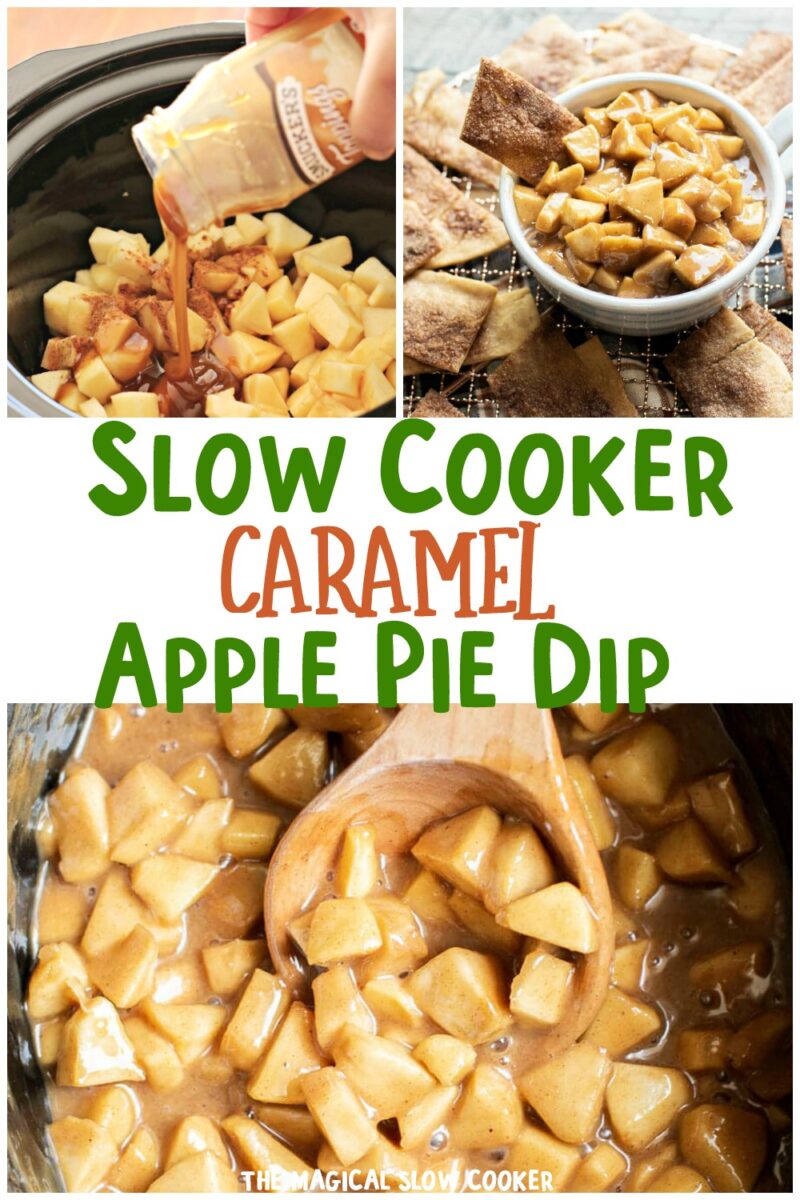 collage about caramel apple pie dip for pinterest