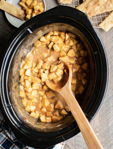 cubes of apple in caramel sauce in the slow cooker.