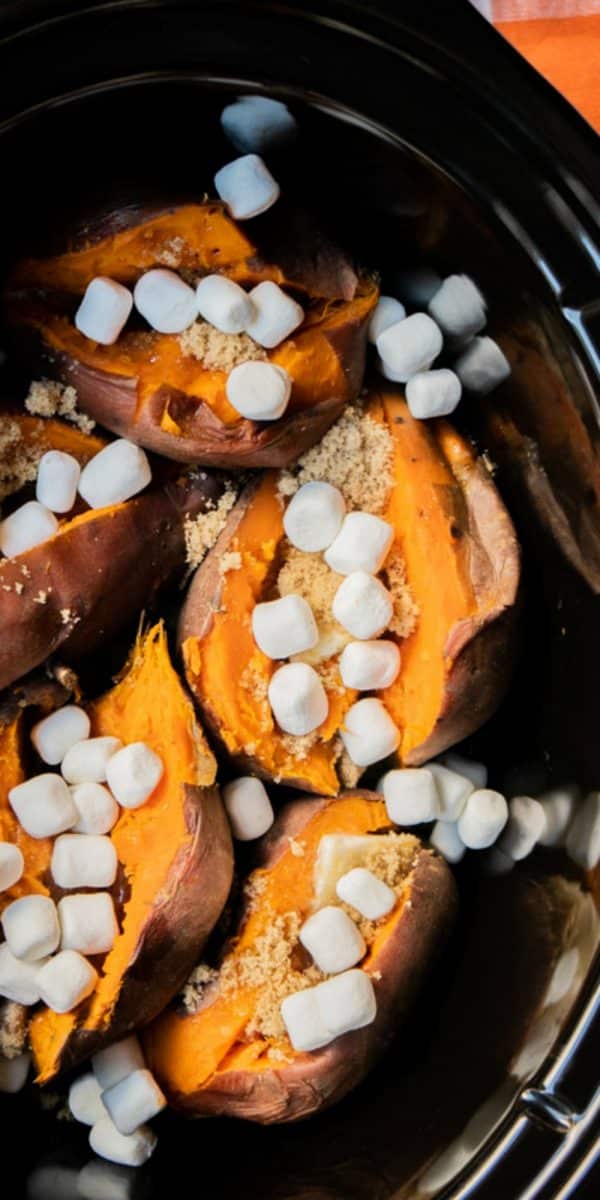 close up of sweet potatoes in slow cooker