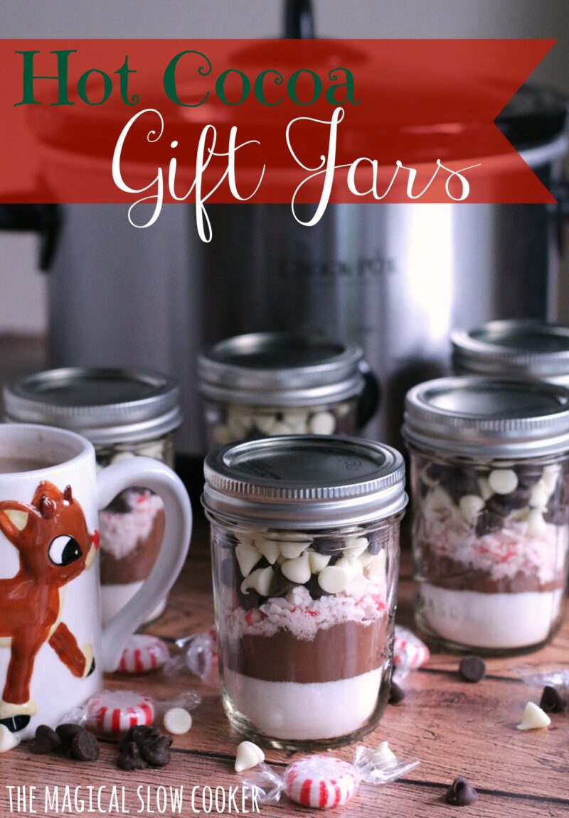 layered hot cocoa mix in glass jars