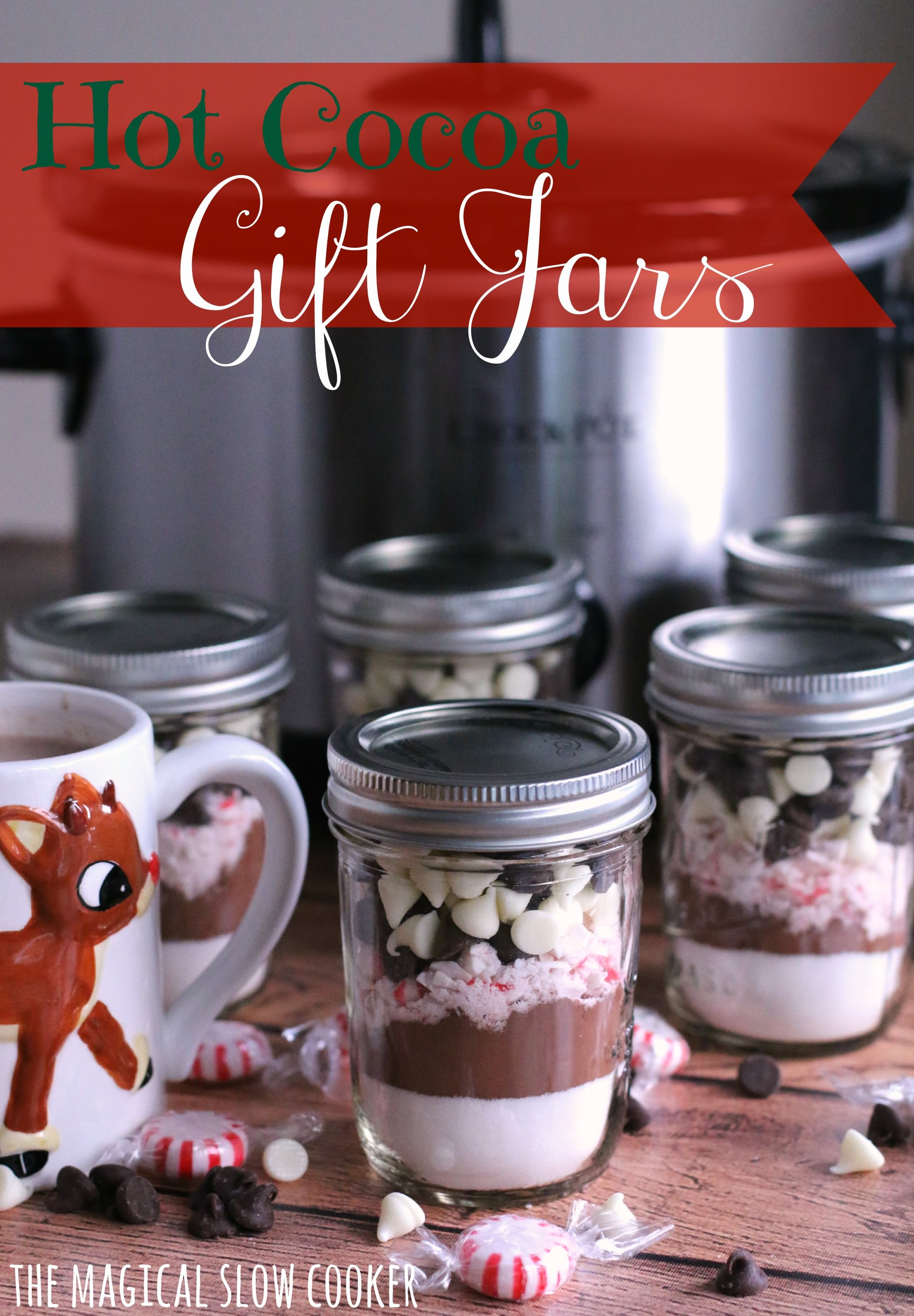 layered hot cocoa mix in glass jars