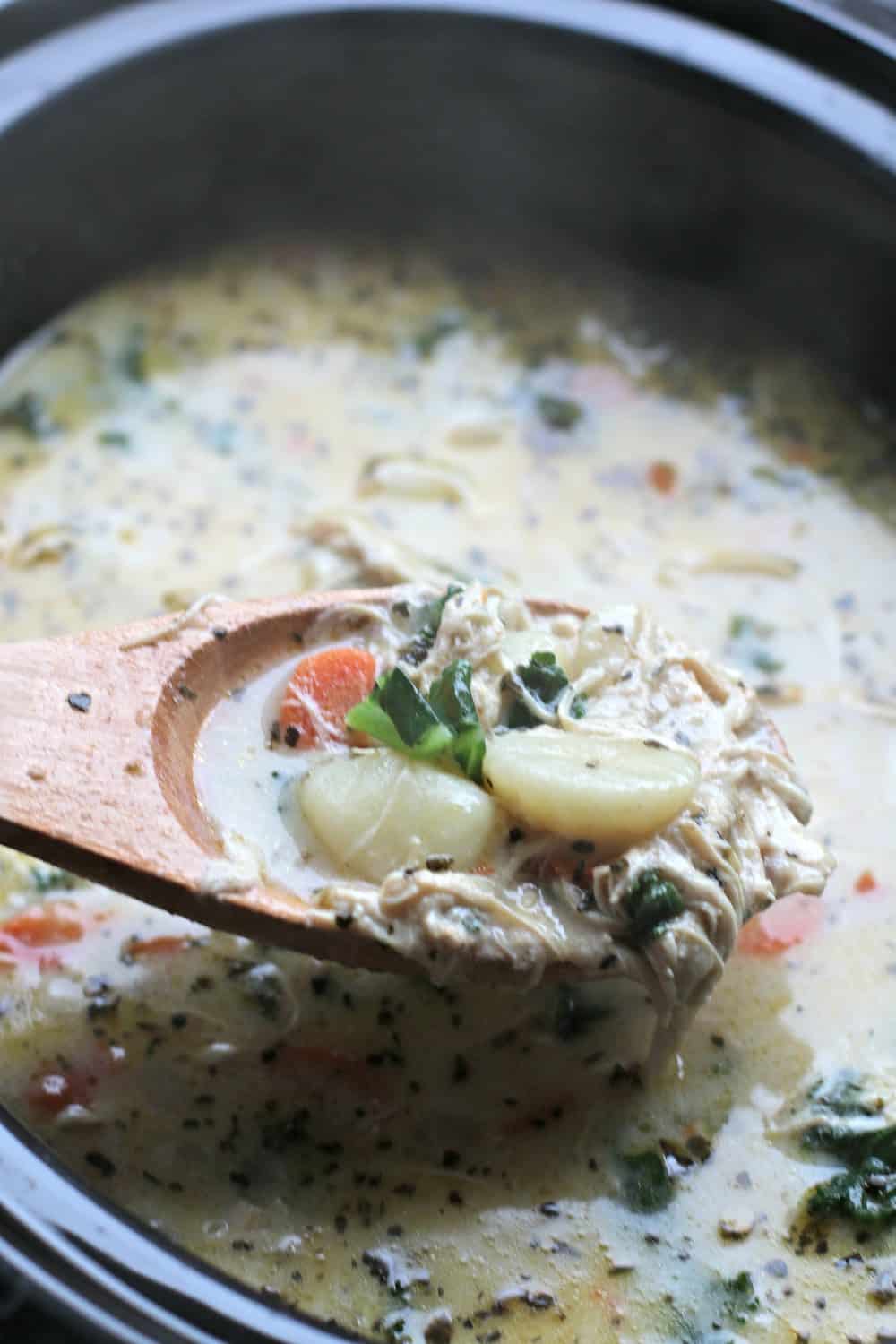 chicken, kale and gnocchi soup in slow cooker with wooden spoon ladling out soup