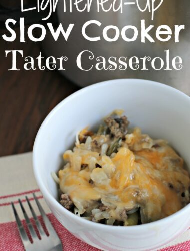 bowl of lightened up tater casserole in white bowl for pinterest