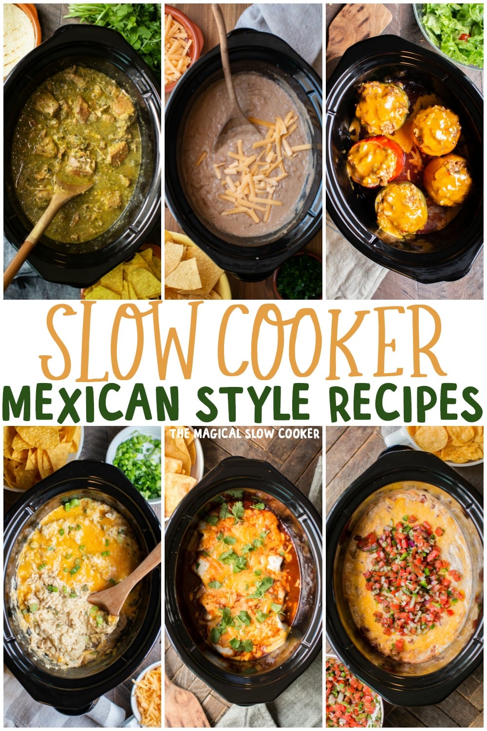 collage of side dish photos. Text overlay that says Slow Cooker Mexican Style Recipes