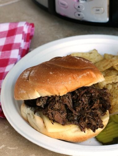 beef sandwich with cheese on paper plate