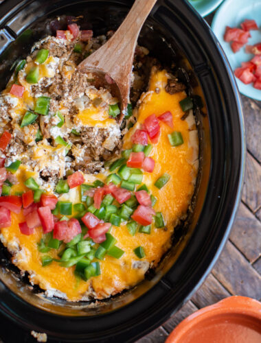 close up of john wayne casserole in the slow cooker.