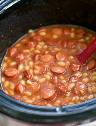 hot dogs and pork and beans in slow cooker