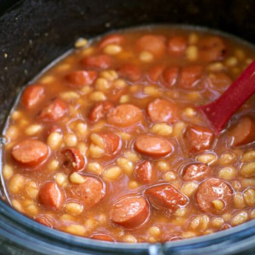 hot dogs and pork and beans in slow cooker