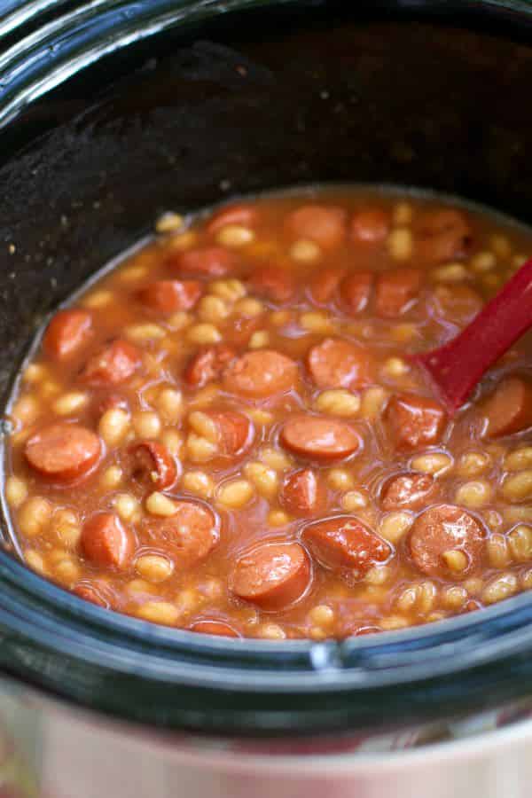 pork and beans and hot dogs in slow cooker