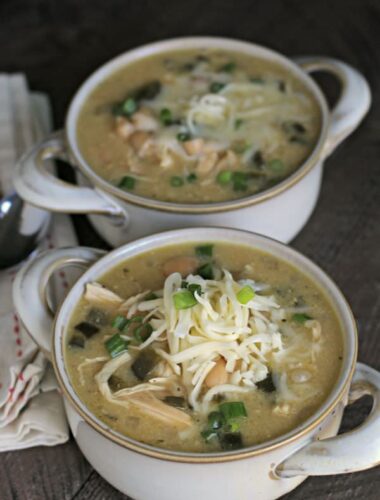 white chicken chilie with poblano chiles in bowls