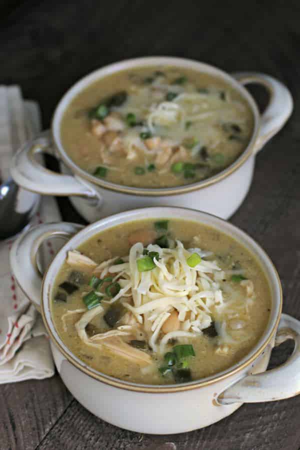 white chicken chilie with poblano chiles in bowls