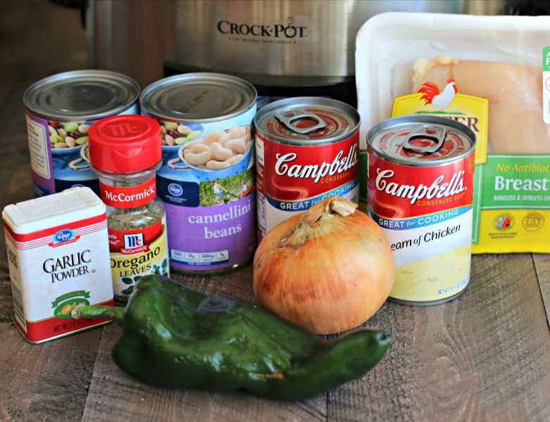 cans of cream of chicken soup, cannelloni beans, yellow onion, poblano pepper and chicken.