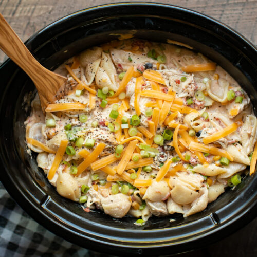 shell pasta dish with chicken, cheese and green onion on top, in slow cooker.