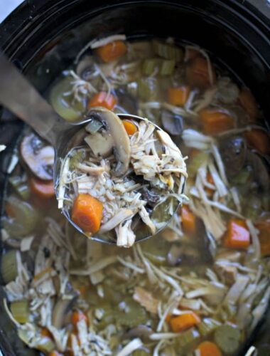 Ladle scooping turkey soup from a slow cooker.