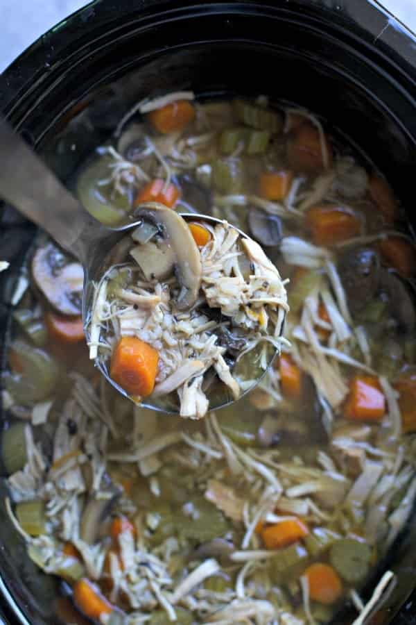 Ladle scooping turkey soup from a slow cooker.