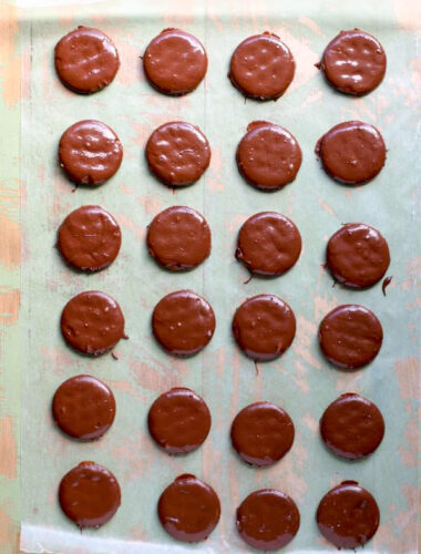 ritz thin mints lined up on wax paper