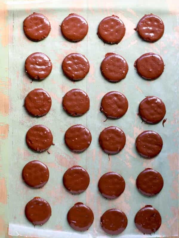 ritz thin mints lined up on wax paper