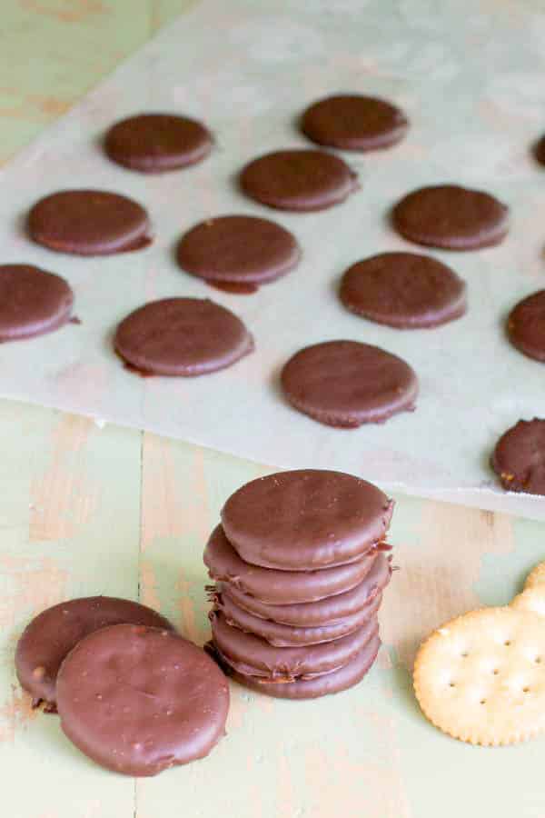 stack of ritz thin mints on green wood table