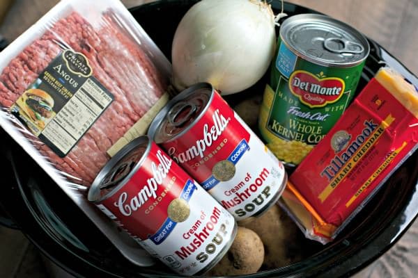 ingredients for hamburger hash in packaging, in slow cooker.
