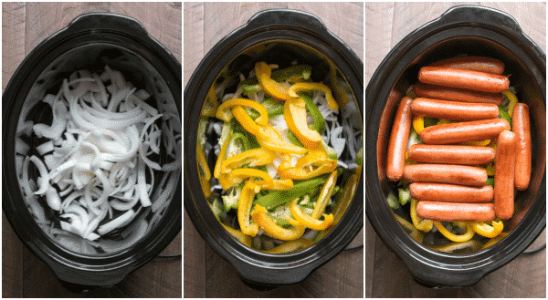 3 slow cooker photos: one with onions, one with onions and bell peppers, and one with brats on top.