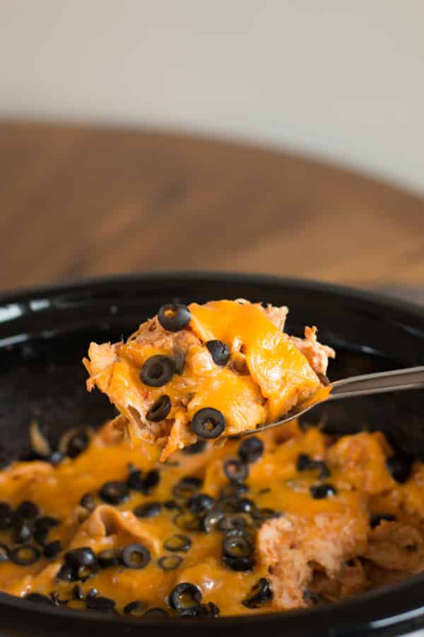 Scoop of enchilada casserole on metal spoon.