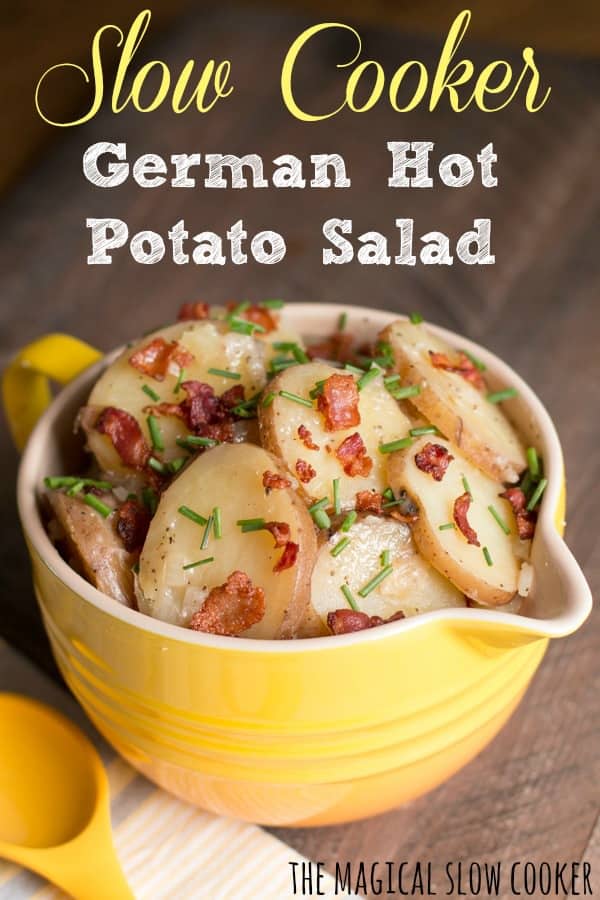 Photo of bowl of German potato salad with text overlay for pinterest