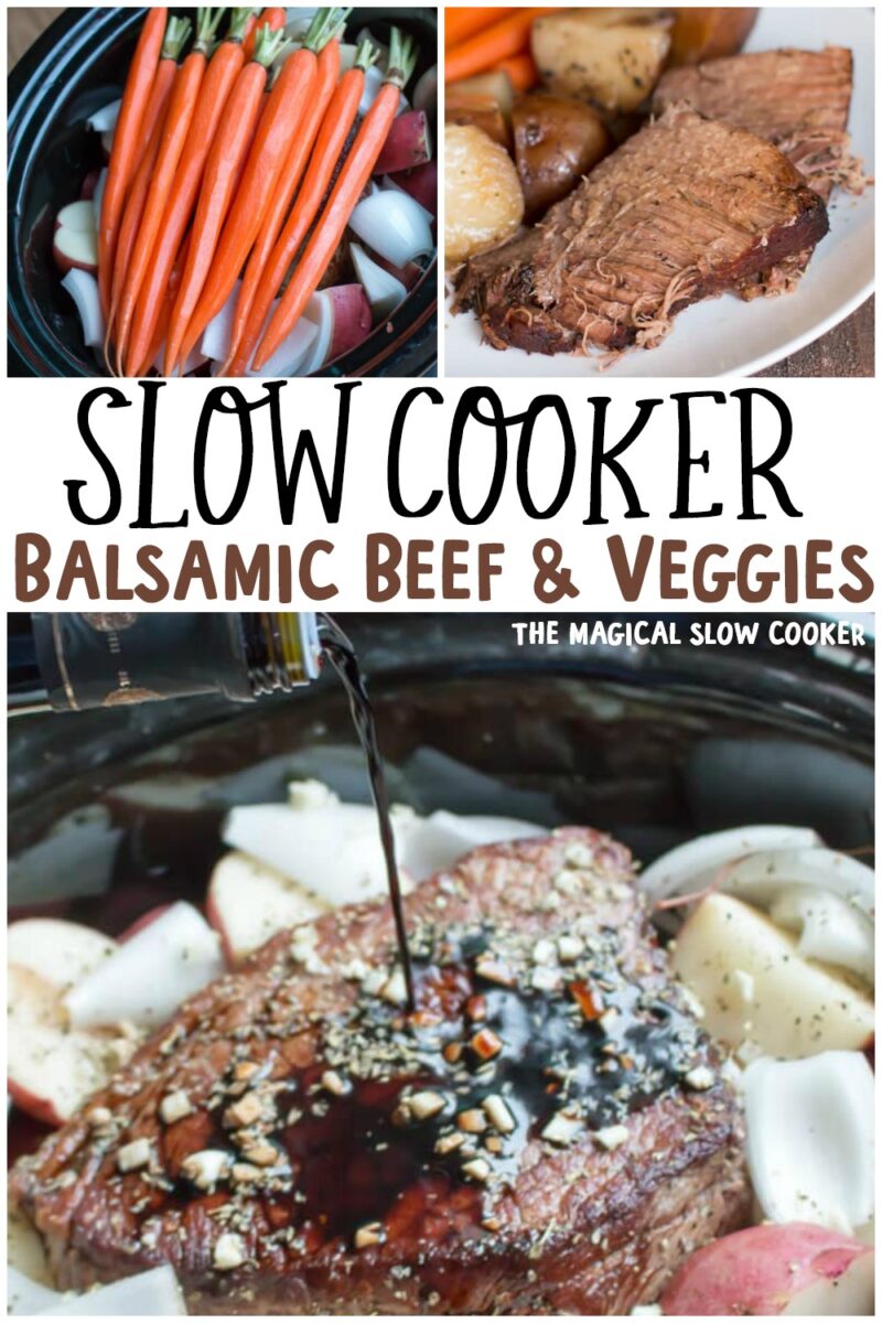 collage of balsamic beef and veggies for pinterest