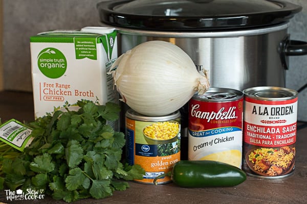 Chicken broth, onion, cream of chicken soup, enchilada sauce, corn, cilantro and jalapeno.