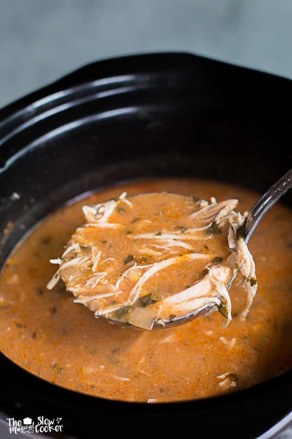 Full slow cooker of enchilada soup with a ladle scooping it up.