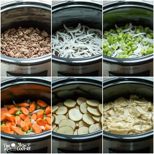 6 photo collage of steps to make six layer dinner in slow cooker