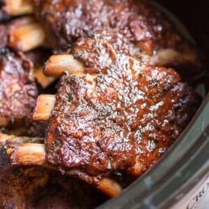 close up of barbecue ribs in the slow cooker.