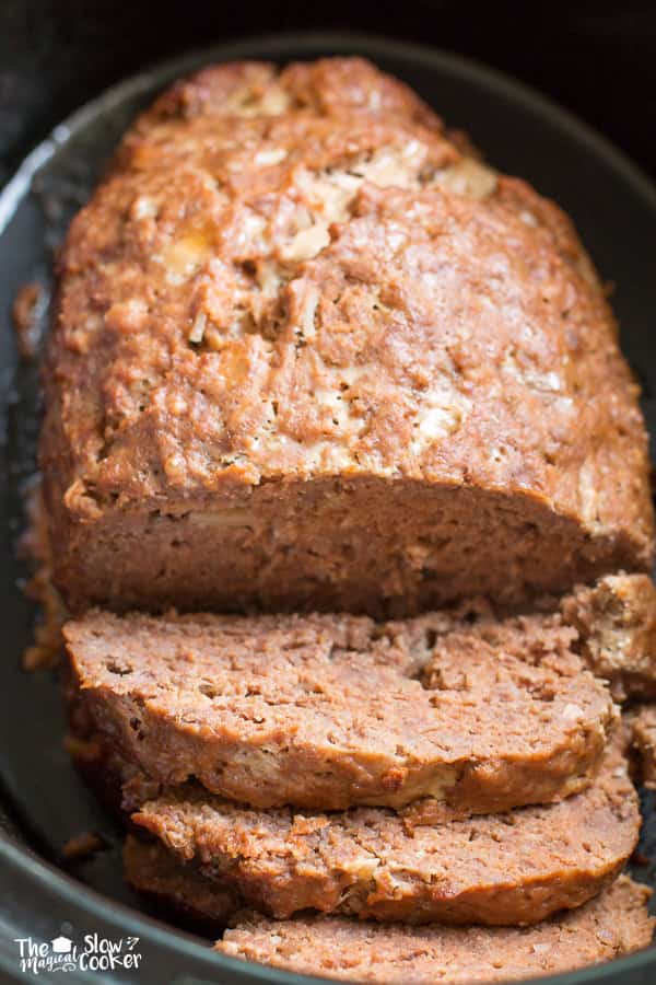 Cooked onion meatloaf in slow cooker.